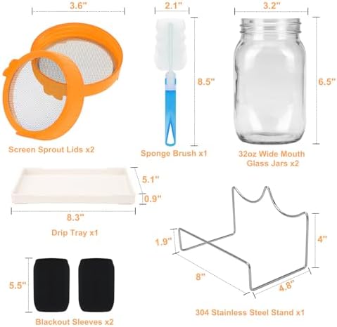 Lulonpon Sprouting Kit, 2 Sprouting Jar Kits, Wide Mouth Quart Mason Jars with Stainless Steel Screen Sprout Lids,1000ml Sprouts Growing Kit, Seed Sprouter Set for Growing Broccoli, Bean, Alfalfa - Image 3