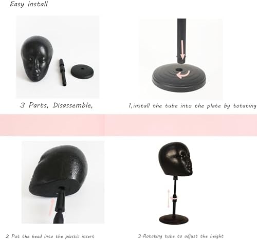 2 PACKS Adjustable wig or hat black styrofoam mannequin head holder stand (13”to 17”) (Black head 01) - Image 3