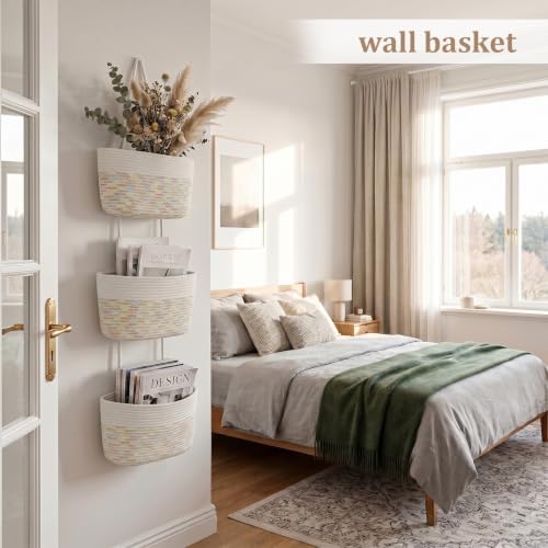 TeoKJ Over the Door Hanging Basket Wall Organizer White&Rainbow Stitching - Image 3