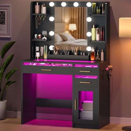35.4" Makeup Vanity Desk with Mirror and Lights, Glass Top, 3 Drawers by ELYKEN