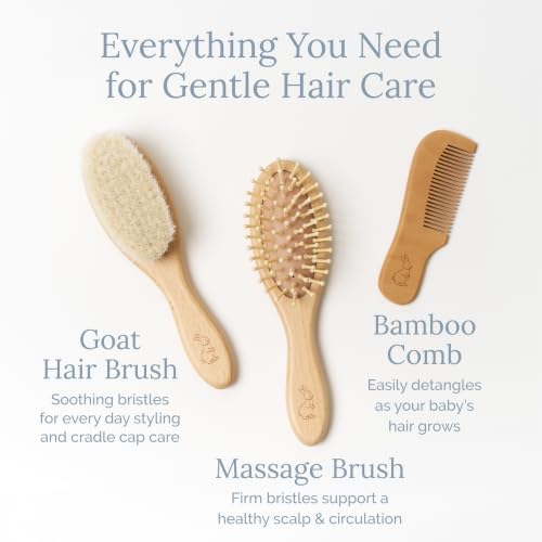 Natemia Wooden Baby Hair Brush & Comb Set - Natural Goat Hair Bristles & Soft Bristle Brush - Gentle Scalp Massage & Cradle Cap Comb - For Newborns & Toddlers, Baby Grooming Kit - Image 3