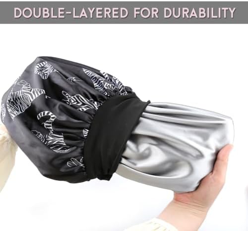Large Round Satin Bonnet with Adjustable Elastic Band, Silver Tiger Black Sleep Cap for Curly Natural Hair Women, Frizz-Free Night Hair Protector, 1 Pack - Image 5