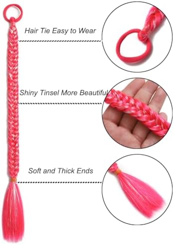 Hot Pink Girls Ponytail Extensions, Hair Tinsel for Women Ponytail With Rubber Band Party Festival Hair Accessories Daily Hair Pieces Ponytail Braiding Hair Extensions Wacky Hair Tinsel 2pcs / lot - Image 4