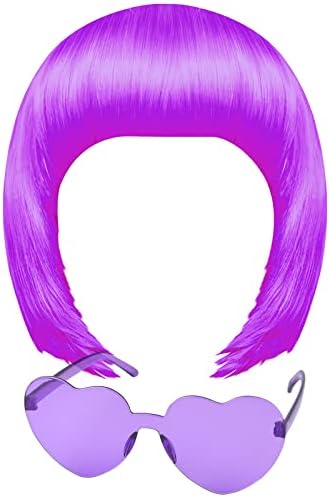 MIAHART Purple Short Bob Wig and Sunglass Set, Neon Colored Wigs Sunglass Pack Costume Colorful Cosplay Wigs Daily Party Hairpieces for Bachelorette Neon Party Favors Halloween Decorations Supplies by MIAHART