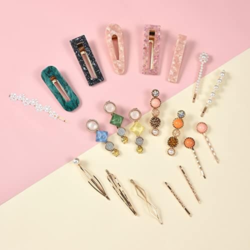 Mehayi 20 PCS Pearls and Acrylic Resin Hair Clips, Handmade Hair Barrettes, Marble Alligator bobby pins, Glitter Crystal Geometric Hairpin, Elegant Gold Hair Accessories, Gifts for Women Girls - Image 3
