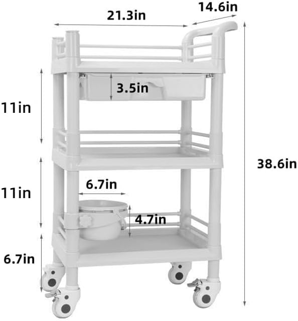 3 Tier Rolling Medical Cart, Utility Trolley with Drawer & Wheels - Image 2