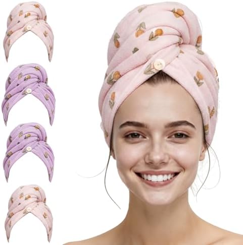 4 Pcs Microfiber Hair Towel Wrap Turban with Bloom for Home Gym Travel by Unknown