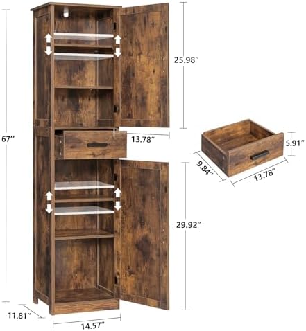 usikey 67'' Tall Storage Cabinet with Adjustable Shelves & 2 Doors, Bathroom Cabinet with 1 Drawer, Narrow Tall Cabinets for Living Room, Home Office, Rustic Brown - Image 3