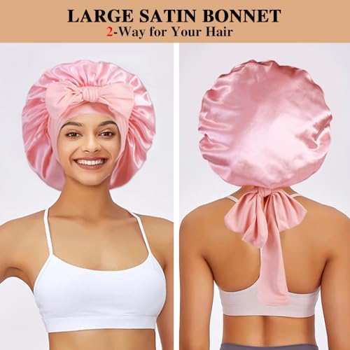 2+3 Large Satin Bonnets with Scrunchies for Women, Hair Bonnet Sleeping Tie Bonnet for Braids Curly Hair - Image 3