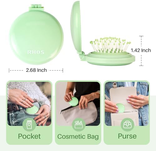 RHOS Folding Brush with Mirror - Compact, Portable and Foldable for Travel, Suitable for Women, Men, and Kids (Green) - Image 2