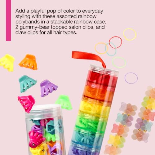 Scunci by Conair Hair Accessories Kit for Women, Hair Clips, Hair Ties & Mini Hair Brush Set, Travel Hair Essentials with Rainbow Polybands & Clear-Sided Storage Pouch, Pink - Image 6