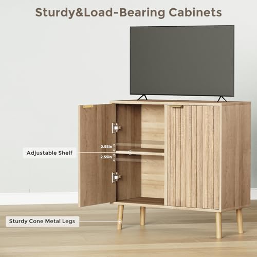 Vrullu Fluted Storage Cabinet, Free Standing Buffet, Wood Sideboard, Multifunctional Accent Storage for Living Room, Hallway, Entryway, Dining Room (3, Oak) - Image 5