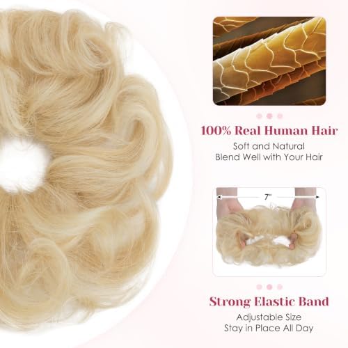 Messy Bun Hair Pieces Human Hair, Wavy #613 Bleach Blonde - Image 2