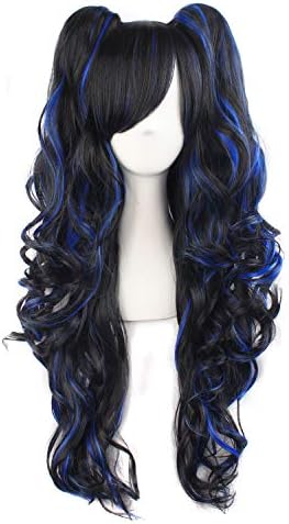 MapofBeauty Lolita Long Curly Clip on Ponytails Cosplay Wig, Black/Blue by MapofBeauty