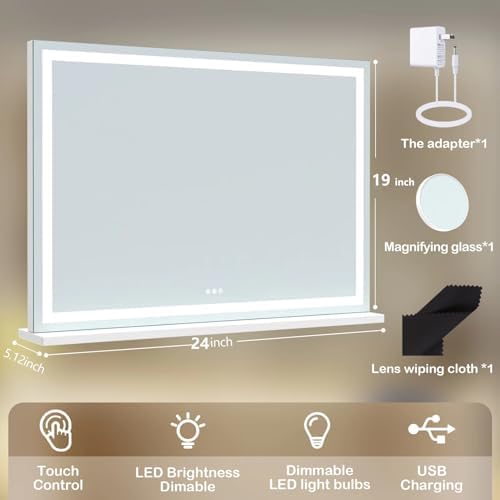 Gvnkvn Makeup Vanity Mirror with USB Charging Port 24" x 19" Large LED Makeup Mirror, Desk Mirorr with Lights, Light up Mirror with 10X Magnification and, Dimmable 3 Modes, Touch Control White - Image 2