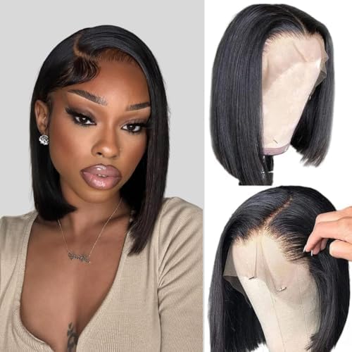 ALHER Short Bob Wig Human Hair Small Cap Lace Front Wigs Straight, 13X4 Transparent Lace Frontal Wigs 180% Density for Women, Natural Color, Cap Size 21-21.5 14 Inch by ALHERHumanHairWigsBundles