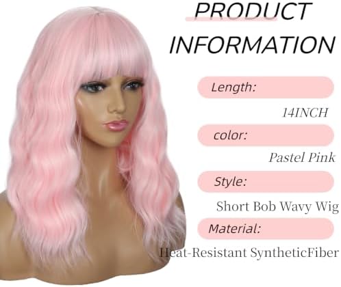 Sebast Pastel Bob Wigs with Bangs for Women Loose Wavy Wig Pastel Wavy Shoulder Length Bob Synthetic Cosplay Wig for Girl Colorful Costume Wigs (Pastel Pink) - Image 2