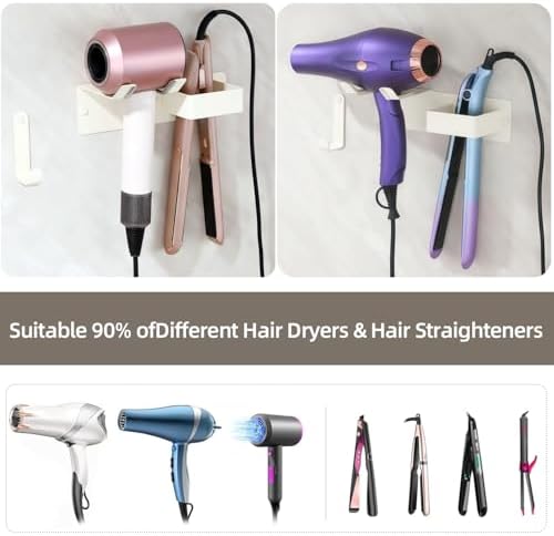Hair Dryer and Straightener Holder, Upgraded Hair Straightener Holder with Cable Hook, Stainless Steel Universal Hair Dryer Wall Mount Waterproof for Bathroom Space-Saving White - Image 2