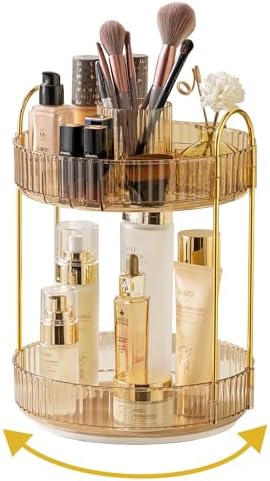 Asayuee 360 Rotating Makeup Organizer,2 Tier Large Capacity Make Up Organizers and Storage,Skincare Perfume Vanity Organizers,Bathroom Cosmetics Storage Organizer Countertop(Gold) by Asayuee