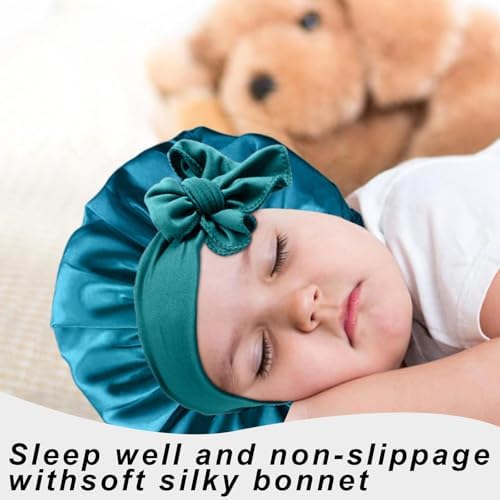 3 Pcs Kids Silk Bonnet for Sleeping - Baby Satin Bonnet for Sleeping,Kids Hair Bonnets for Curly Hair Girls Boys with Wide Elastic Band,Sleep Cap for Teens Toddler Child (Peacock Blue+Black+Beige) - Image 5
