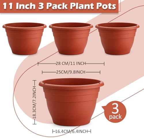 RooTrimmer 3 Pack 11 Inch Plant Pots Lightweight Planters with Drainage Holes,Durable Indoor & Outdoor Flower Pots for Garden,Patio & Home Decor(Pottery Red) - Image 2