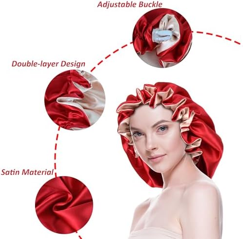 Silk Bonnet for Sleeping Satin Bonnets Double Layer Reversible Hair Cap Bonnet for Women Long Curly Braid Hair (Red) - Image 3