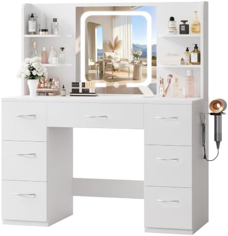 LIVELYGLOW 43" Large White Makeup Vanity Desk with Charging Station - Image 3