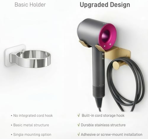 Hair Dryer Holder, Blow Dryer Holder with Cord Hook SUS304 Stainless Steel Wall Mount, Self Adhesive/Screw Space Saving Hairdryer Holder for Bathroom Gold - Image 6