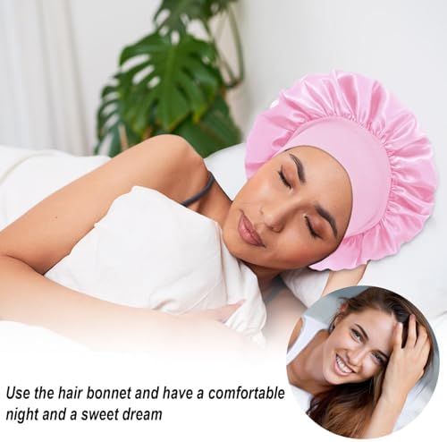 4Pcs Silk Satin Hair Bonnets for Sleeping - Elastic Wide Band Satin Hair Wrap for Sleeping Black Women Men,Silk Bonnets for Curly Hair(Black & Pink & Blue & Purple) - Image 5