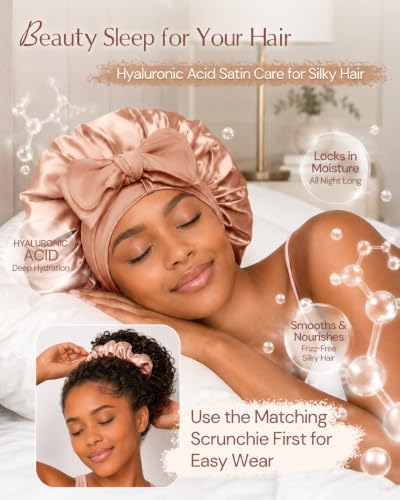 BONNET QUEEN Silk Bonnet for Sleeping Women HYALURONIC Acid Reversible Double Layer Satin Bonnet Night Sleep Cap Wrap for Curly Hair with Adjustable Tie Band & Scrunchie, Champagne & Brown - Image 2