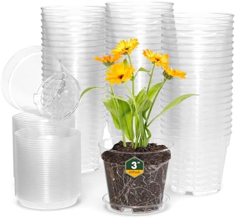 WSMKSZ 3 Inch Clear Nursery Pots, 60 Pack Highly Transparent Plastic Seedling Starter Planters with Drainage Holes and Trays for Flowers, Small Plant Pots for Indoor Plants by WSMKSZ