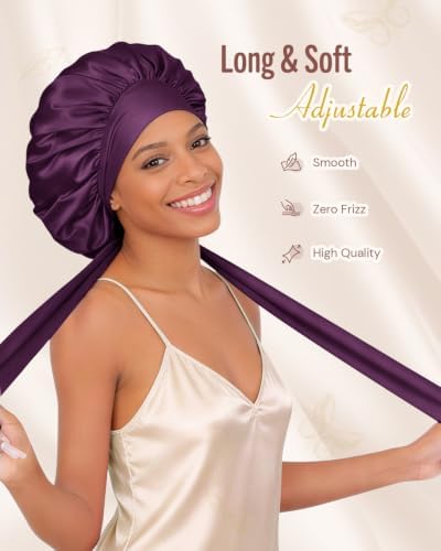 BONNET QUEEN Silk Bonnet for Sleeping Women Satin Bonnet Night Sleep Cap Wrap for Curly Hair with Adjustable Tie Band, Single Layer, Prune - Image 3