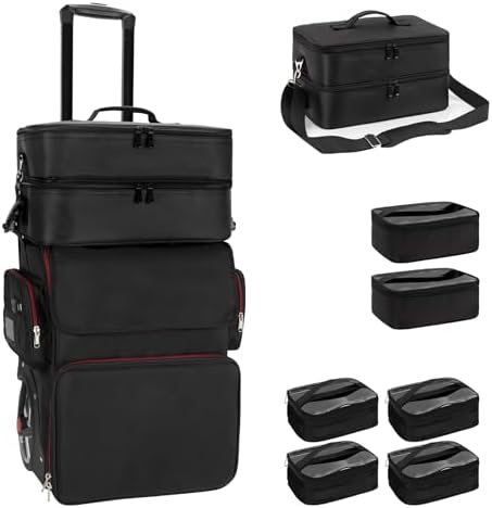 Large Makeup Train Case with Makeup Travel Bag and 4 Clear Makeup Bags for Hairstylist, Hairdresser Bag with Detachable Pouch,Heat Insulation Anti-scalding for Hairdressing Organizer Big wheels by OCHEAL