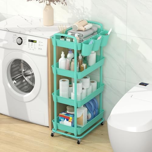 JIUYOTREE 4-Tier Plastic Rolling Storage Cart Utility Cart with Extra Hanging Cups Handles Lockable Wheels for Living Room Bathroom Kitchen Office Green - Image 3