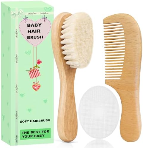 Baby Hair Brush and Comb Set for Newborns & Toddlers | Wooden Baby Brush Set with Soft Goat Bristles l Wood Comb l White Cradle Cap Brush| Ideal for Cradle Cap (3 Piece) by Molylove