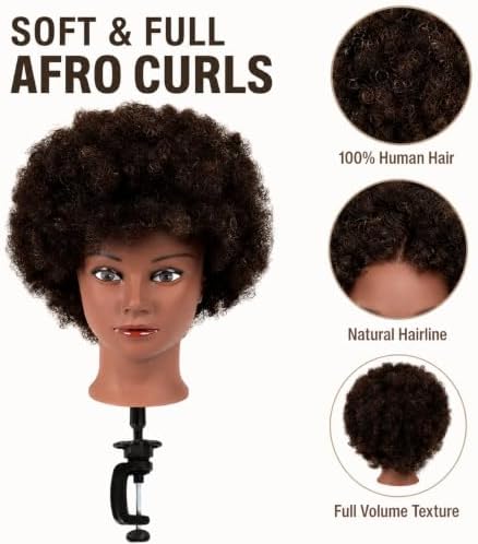 Afro Curly Mannequin Head with 100% Human Hair Curly Hair Hairdresser Hair Styling Cosmetology Manikin Head Doll head for Hairdresser Practice Styling Dye Braiding with Clamp Stand - Image 3