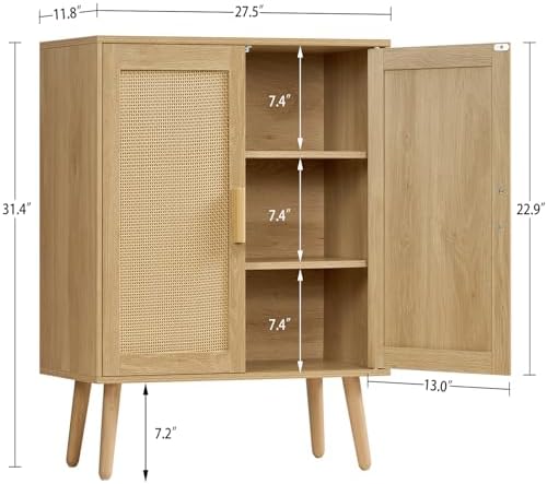 Iwell Storage Cabinet with 2 Shelves, Rattan Cabinet with 2 Doors, Sideboard Buffet Cabinets with Storage for Living Room, Dining Room, Entryway, Natural - Image 3