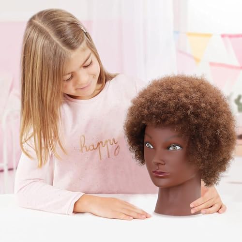 Afro Curly Mannequin Head with 100% Human Hair 10'' Cosmetology Manikin Doll Head for Hairdresser Braiding Practice Hairstyling with Free Clamp Holder-Brown - Image 6