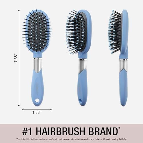 Conair Velvet Touch oval cushion hair brush - Travel Hairbrush- Detangling - ideal for curly or straight styles - detangler brushes - women or men - Sky Blue - Image 4