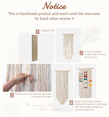 Mkono Macrame Bow Holder, Wall Hanging Hair Bow Organizer for Girls, Ivory - Image 5