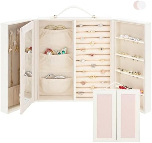 DesignSter Jewelry Box for Women, Jewelry Storage with Mirror, Travel Jewelry Organizer with Handle for Stud Earrings, Rings, Necklaces, Bracelets(Beige & Pink) by DesignSter