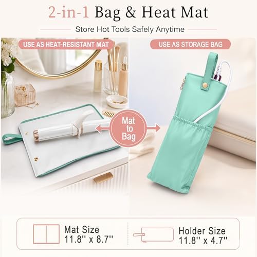 Hot Hair Tools Travel Bag with Heat Resistant Mat, 2-in-1 Hot Tools Organizer for Curling Iron, Flat Iron, Portable Travel Holder & Mat for Women (Green) - Image 2