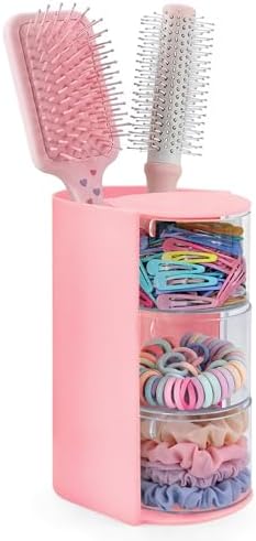 neotidy Hair Accessories Organizer with Hair Brush Holder, Rotating Hair Tie Product Organizer for Girls, 3-Tier Makeup Brush Holder for Clips, Bows & Brushes (Pink, 3-Tier) by Unknown