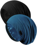 2PCS Silk Bonnet for Sleeping for Hair, Satin Lined Sleep Cap for Women Men, Adjustable Beanie Hair Wrap (05 Black/Navy Blue) by Srevela