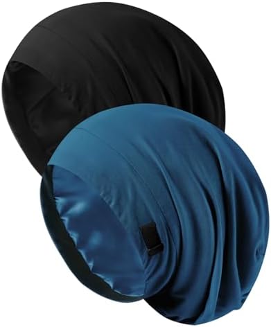 2PCS Silk Bonnet for Sleeping for Hair, Satin Lined Sleep Cap for Women Men, Adjustable Beanie Hair Wrap (05 Black/Navy Blue) by Srevela