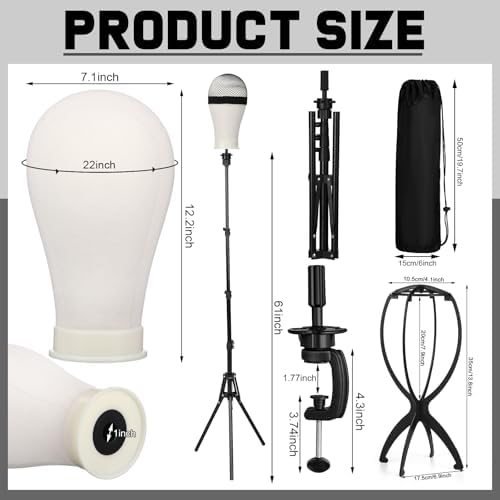 ProSuites 22 Inch Canvas Mannequin Head with 61" Adjustable Wig Stand Tripod, Wig Set of 40 PCS with Wig Holder, Caps, Elastic Bands, T/C Pins Tool Kit for Wigs Styling Making Display - Image 3