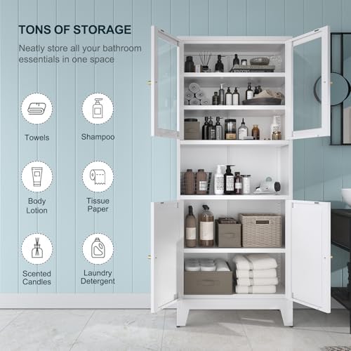 Bevivog 69" Pantry Cabinet,Tall Metal Storage Cabinet with 2 Glass Doors, Freestanding Display Cupboard Tall Bathroom Linen Cabinets with 5 Shelves Storage for Living Room Kitchen Pantry - Image 5