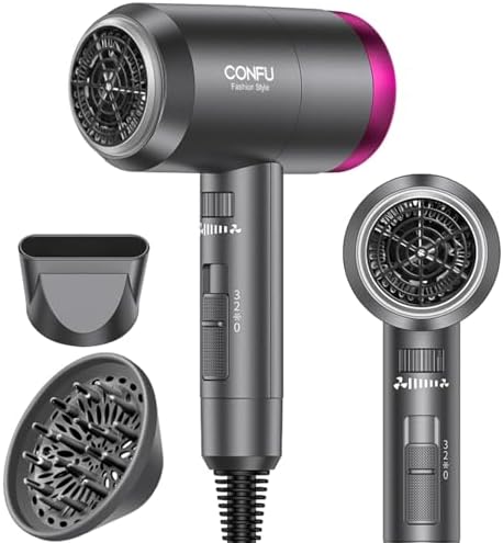 CONFU Ionic Blow Dryer 1600W, Portable Lightweight Fast Drying Negative Ion Hairdryer Blowdryer, 3 Heat Settings & Infinity Speed, with Diffuser and Concentrator Nozzle for Home & Travel by CONFU