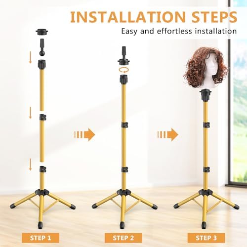 Wig Head Stand 50 Inches, Height Adjustable Tripod Wig Stand, Salon Mannequin Head Stand with Anti-Slip Base for Styling, Wig Display Barber Training, Beauty School​ (Gold) - Image 4