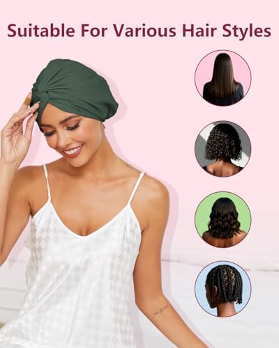 HFRHTGY Adjustable Silk Satin Hair Bonnet for Sleeping, Double Layer Hair Wrap Sleep Cap Turban for Women Men, Curly Straight Braid Unisex (Forest Green 26) - Image 6